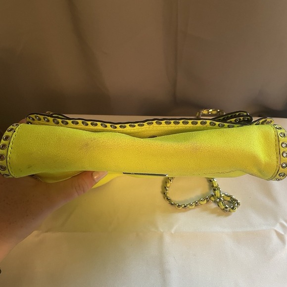Rebecca Minkoff Bow Studded Shoulder Crossbody Bag Purse Neon Yellow Chain Strap - Picture 3 of 15
